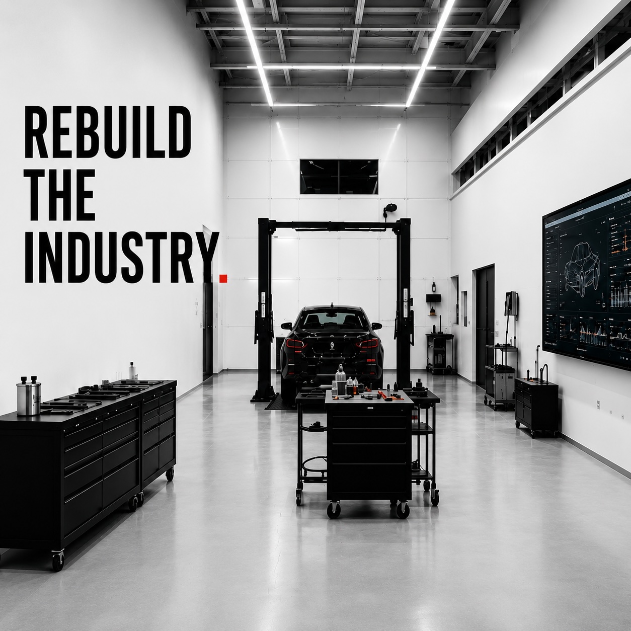 REBUILD THE INDUSTRY と書かれた白い近未来の整備工場