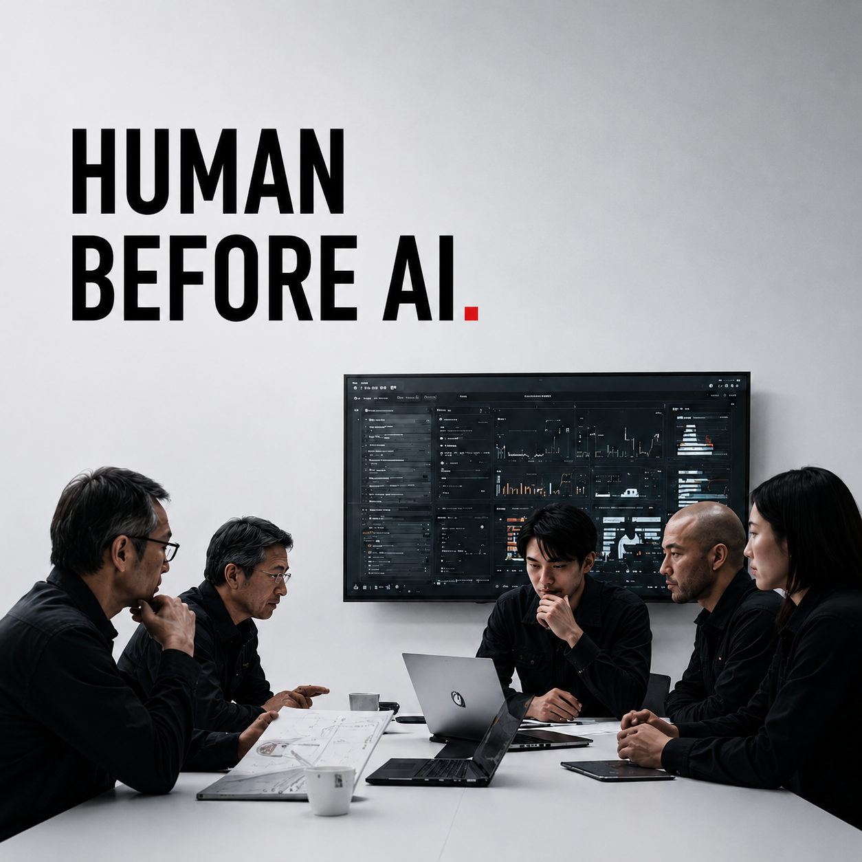 HUMAN BEFORE AI と書かれた会議風景