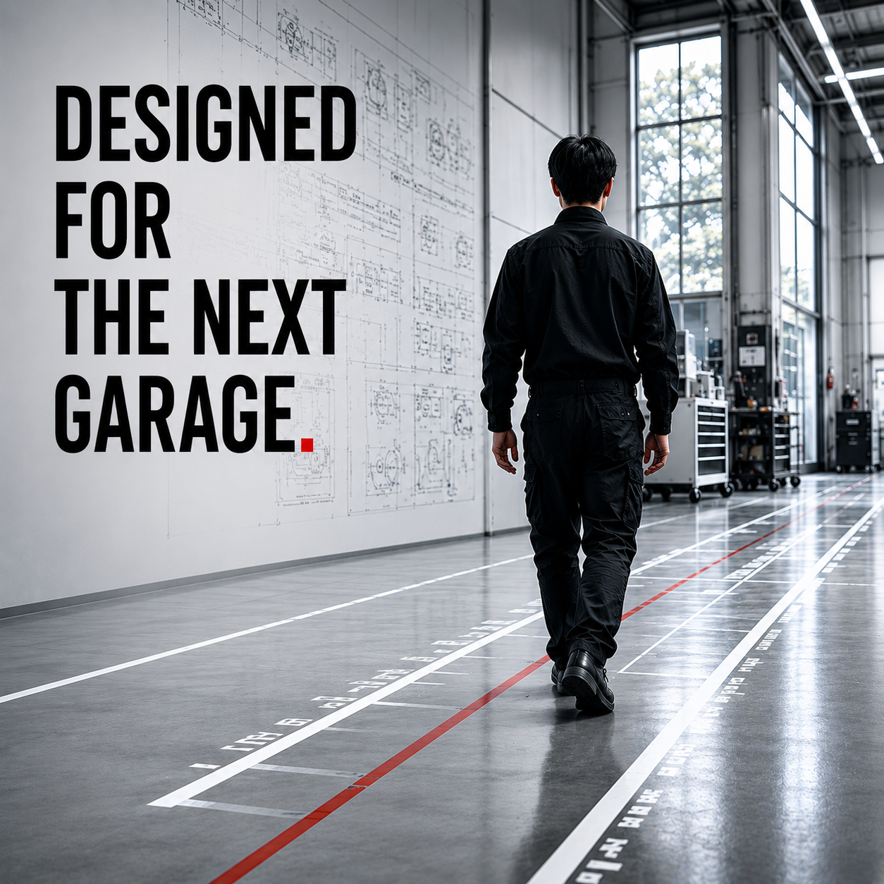 DESIGNED FOR THE NEXT GARAGE と書かれた次世代工場を歩く人物