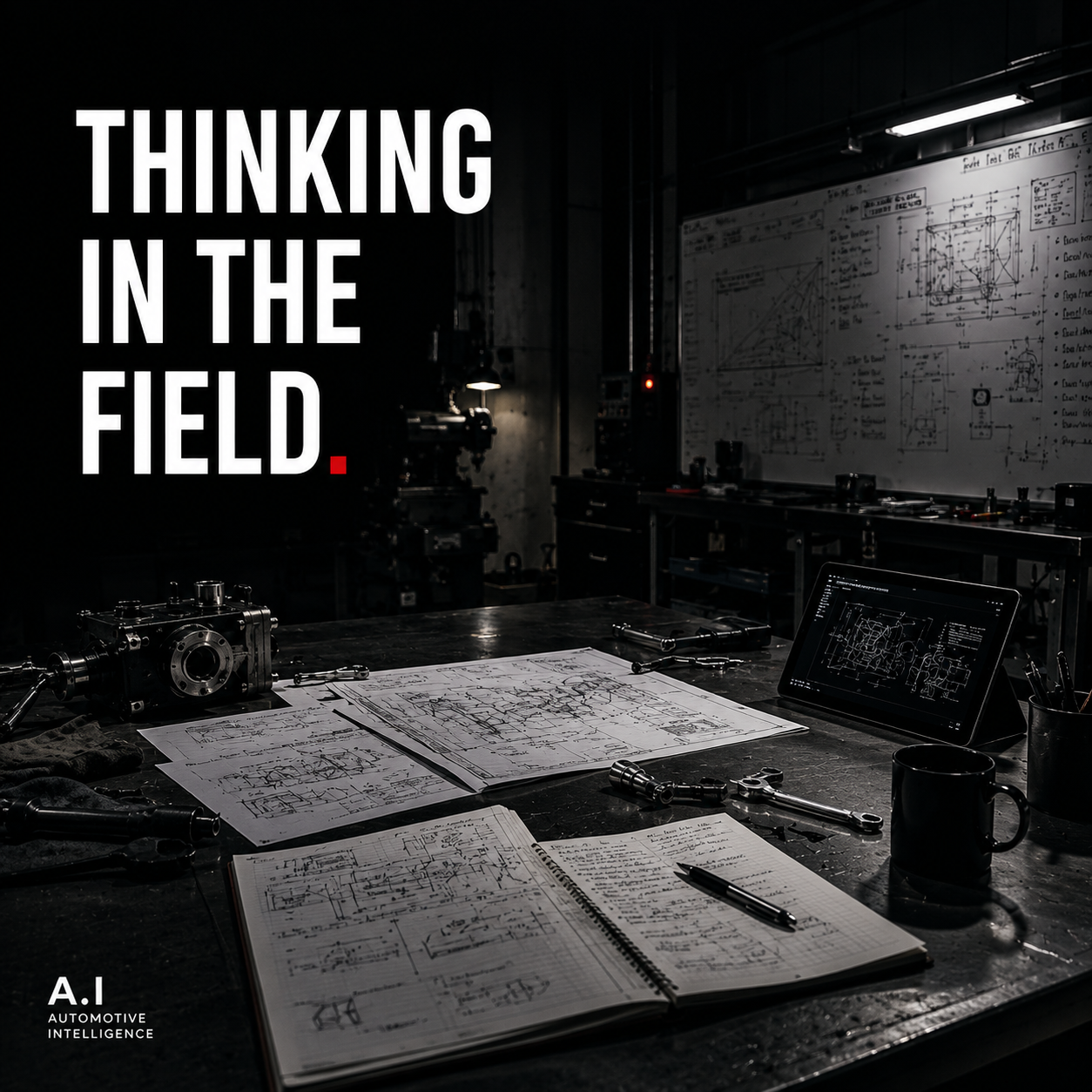 THINKING IN THE FIELD と書かれた深夜の工場と設計図